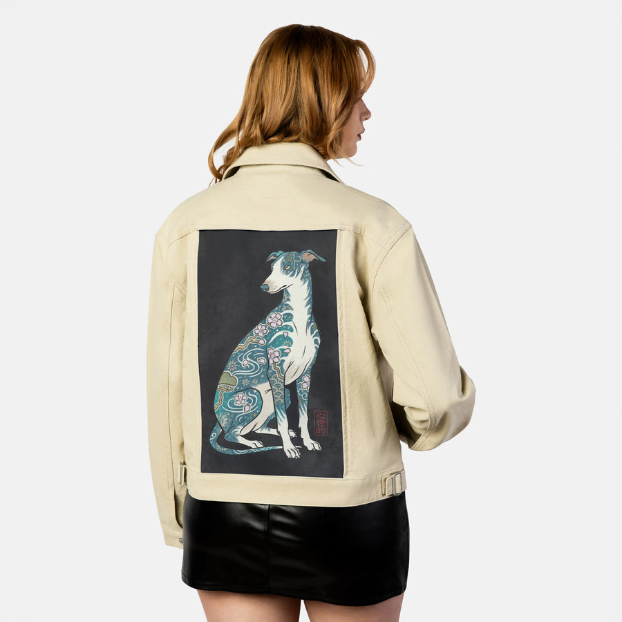 blossomhound patch on female atelier canvas jacket in tan