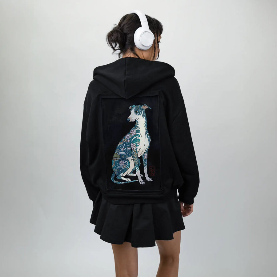 blossomhound patch on female essential zip hoodie in after hours