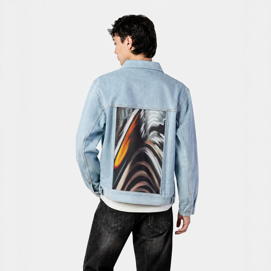 blurst patch on male og denim jacket in oceanside