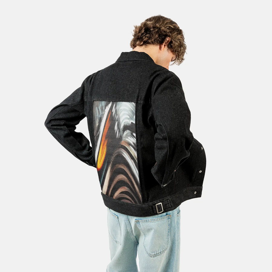 blurst patch on male og denim jacket in raven