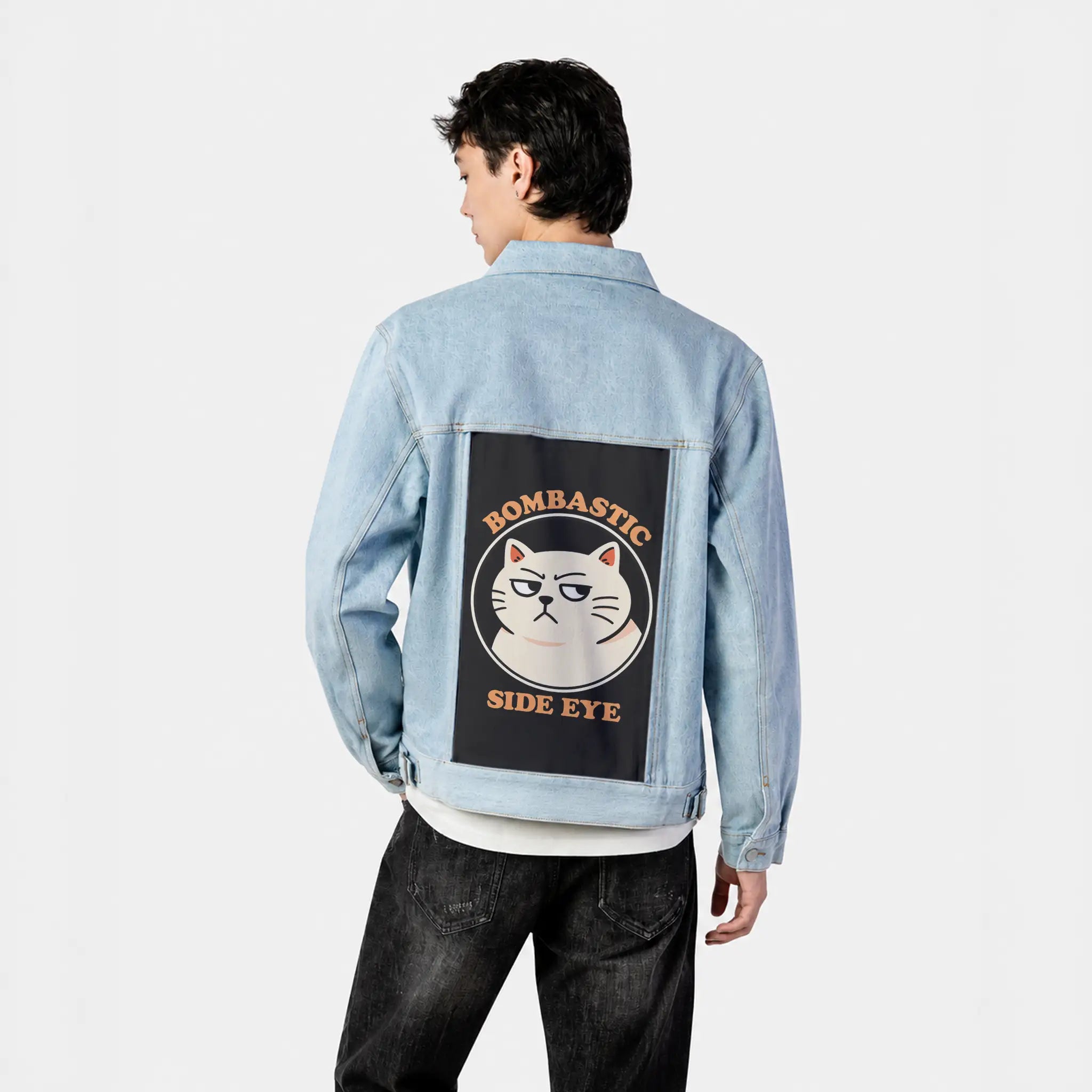 bombastic patch on male og denim jacket in oceanside