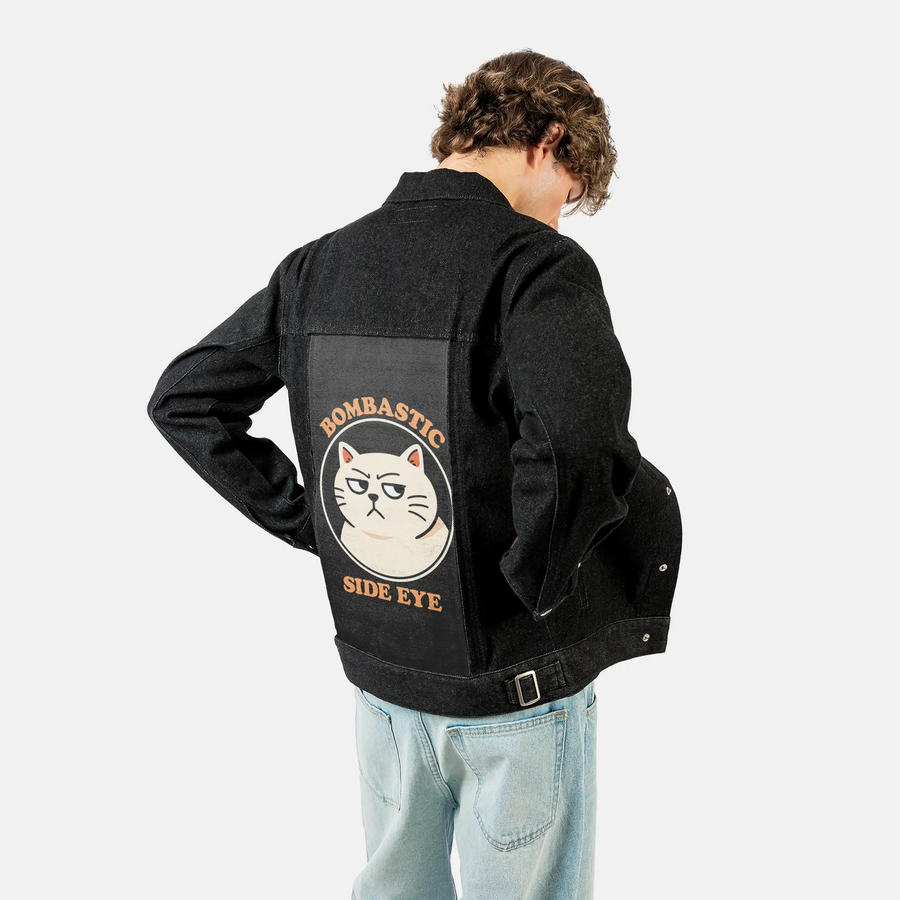 bombastic patch on male og denim jacket in raven