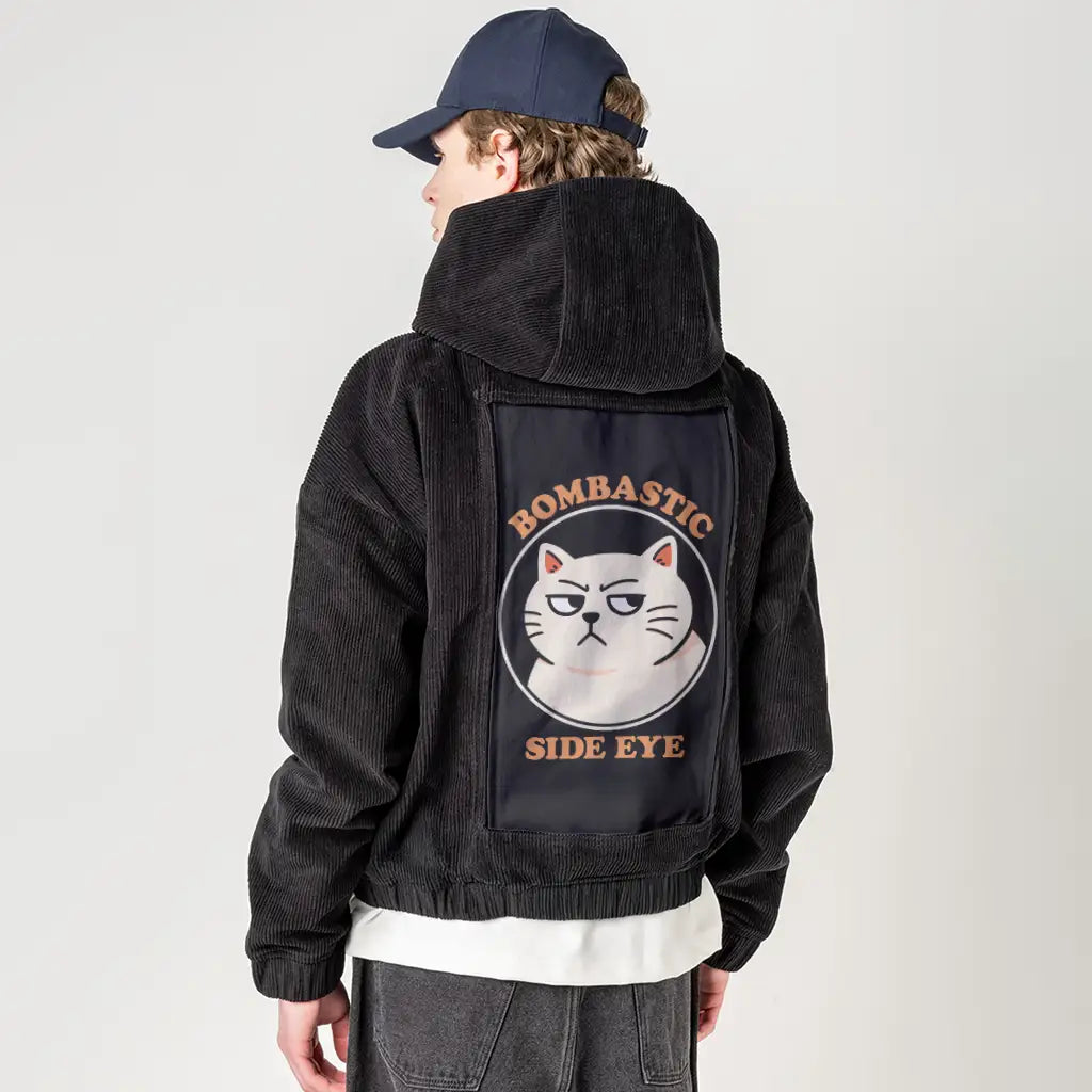 bombastic patch on male retro cord hoodie in onyx
