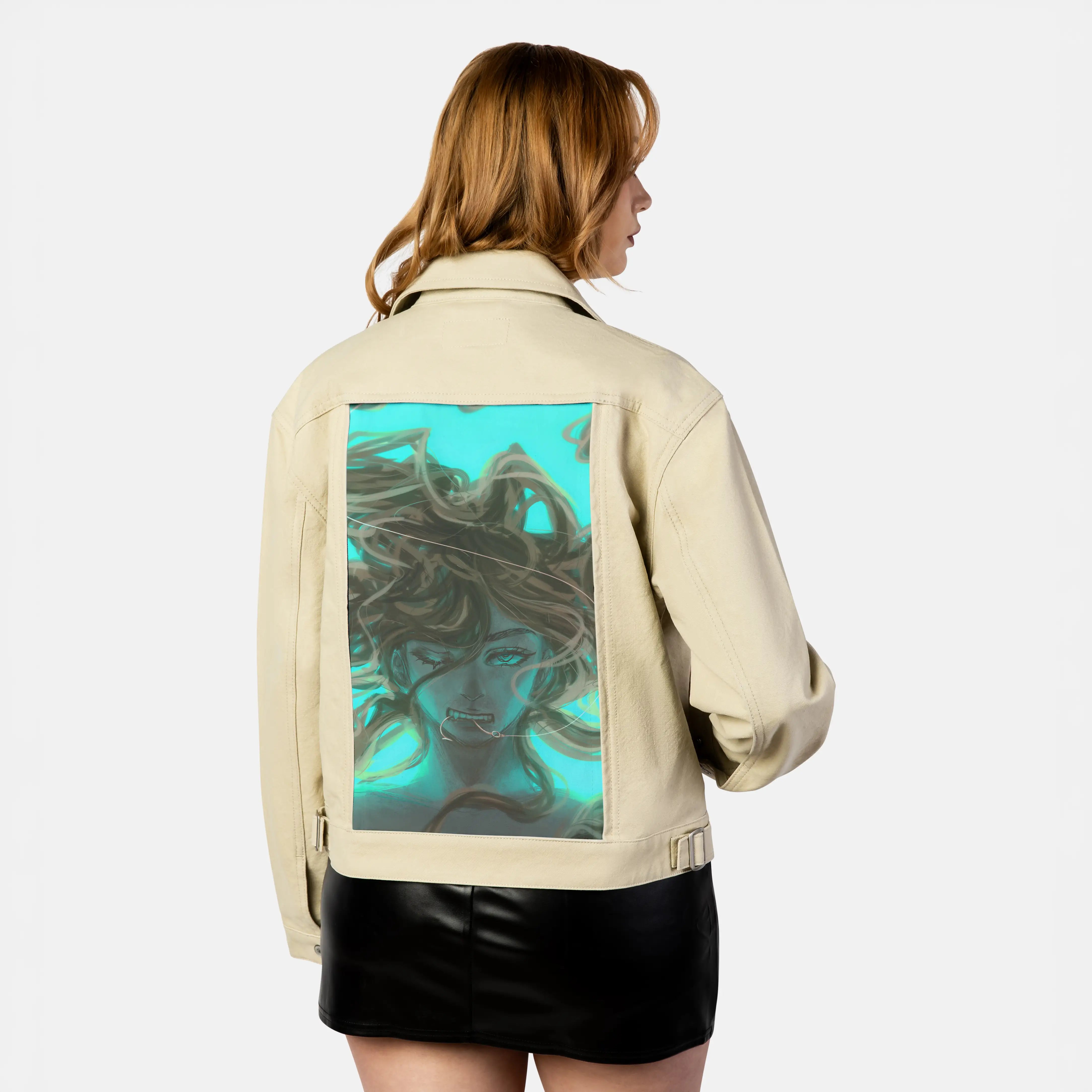 bond patch on female atelier canvas jacket in tan