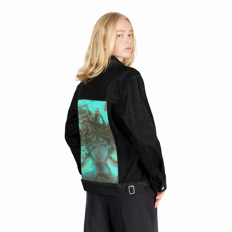 bond patch on female og denim jacket in raven