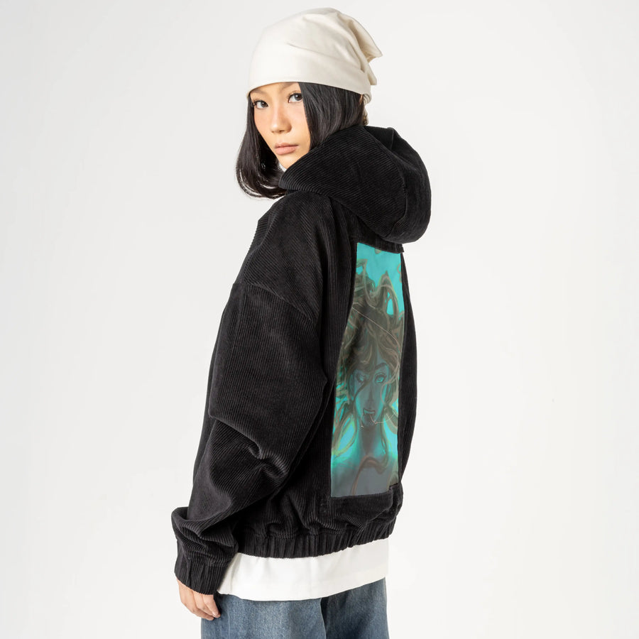 bond patch on female retro cord hoodie in onyx