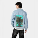 bond patch on male og denim jacket in oceanside