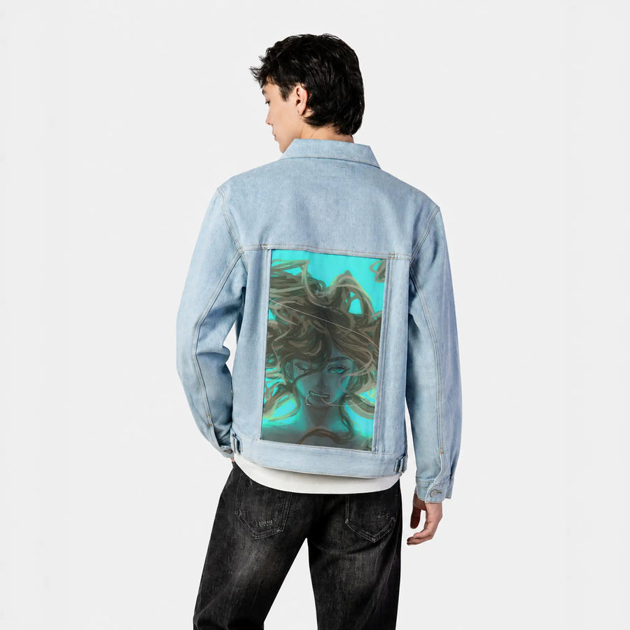 bond patch on male og denim jacket in oceanside