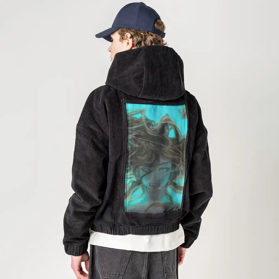 bond patch on male retro cord hoodie in onyx
