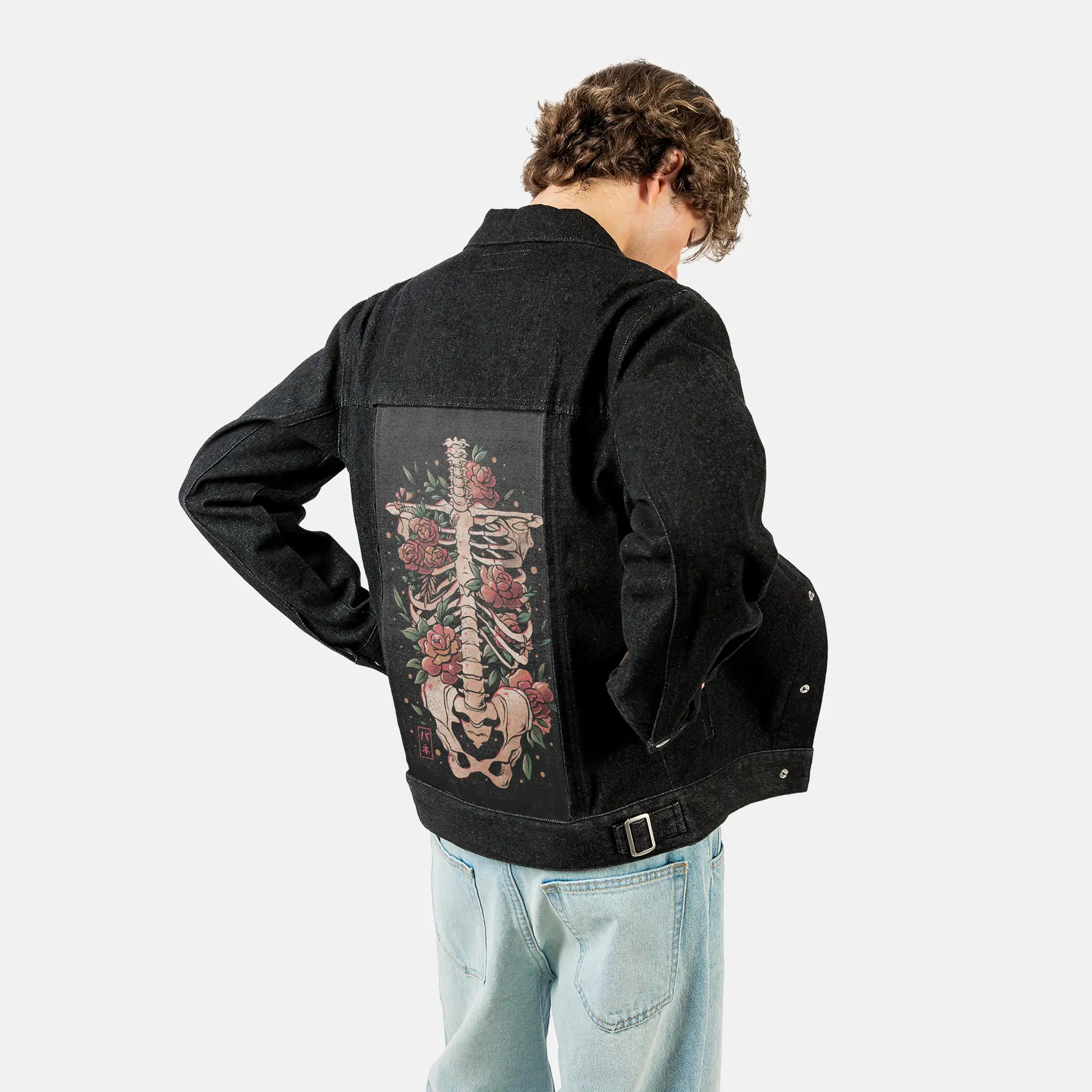 bonesandflowers patch on male og denim jacket in raven