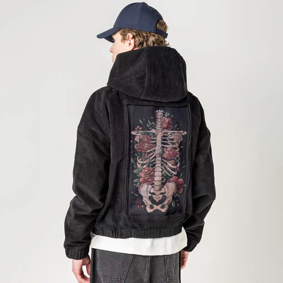bonesandflowers patch on male retro cord hoodie in onyx