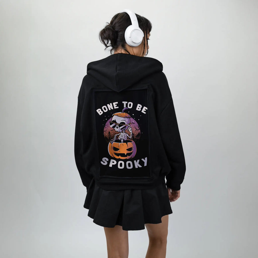 bonetobespooky patch on female essential zip hoodie in after hours