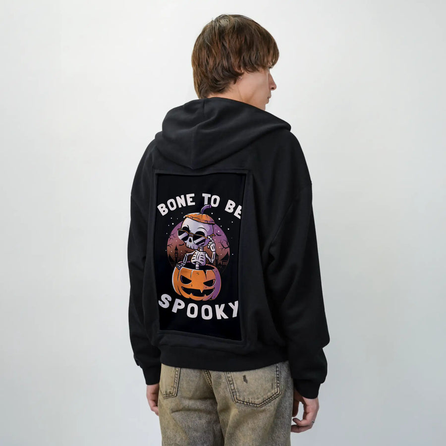 bonetobespooky patch on male essential zip hoodie in after hours