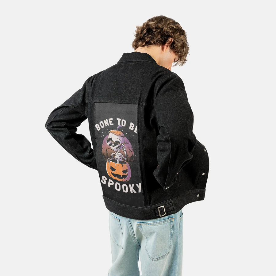 bonetobespooky patch on male og denim jacket in raven