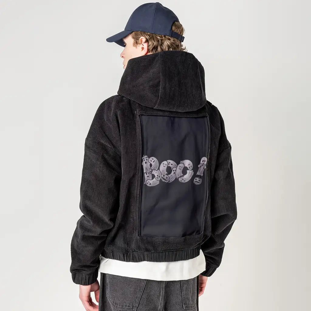 boo patch on male retro cord hoodie in onyx