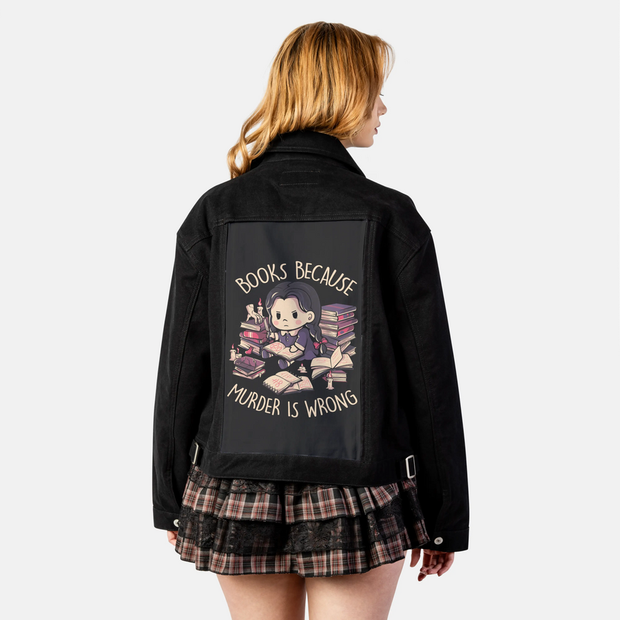 booksnotmurder patch on female atelier canvas jacket in nightfall