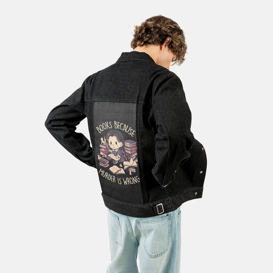 booksnotmurder patch on male og denim jacket in raven