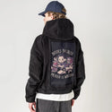 booksnotmurder patch on male retro cord hoodie in onyx