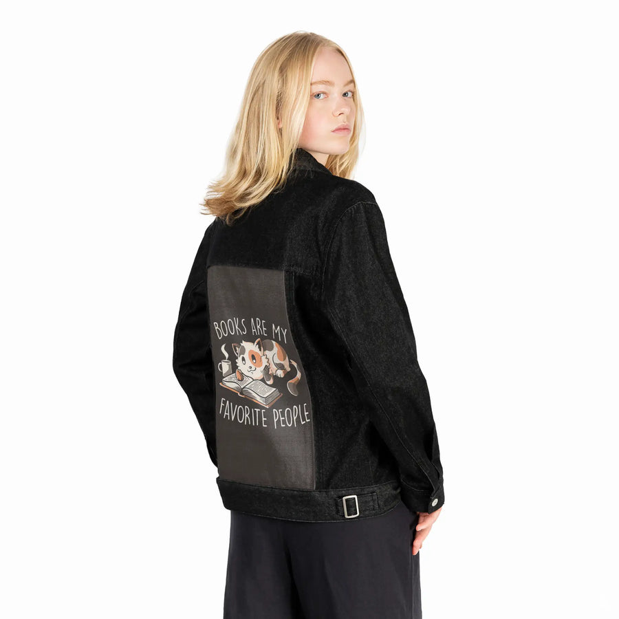 booksoverpeople patch on female og denim jacket in raven