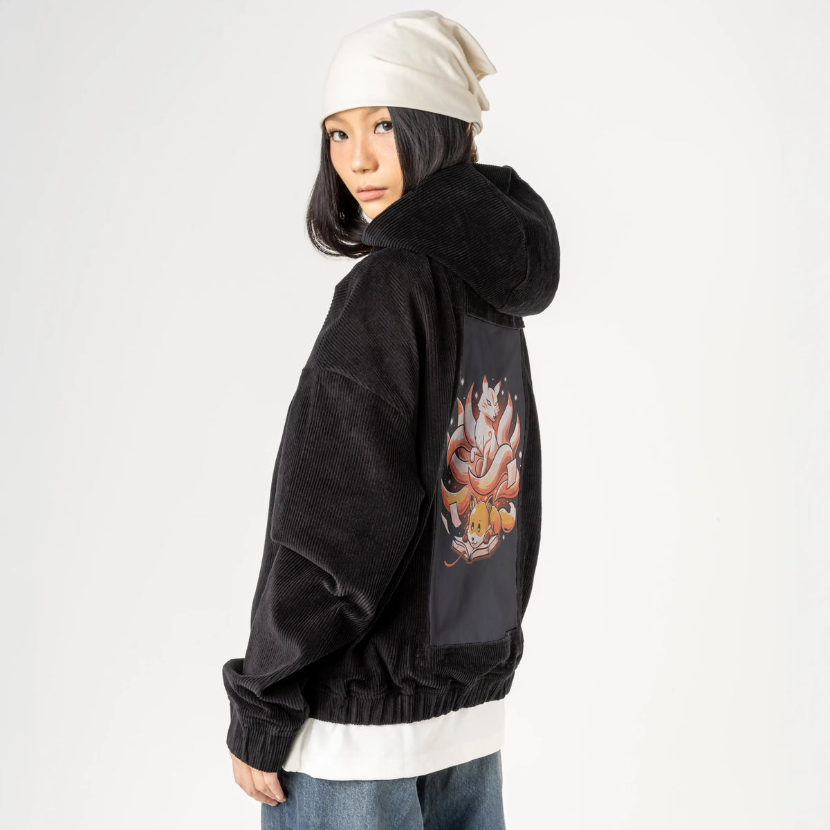 bookspirit patch on female retro cord hoodie in onyx