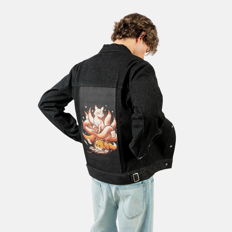 bookspirit patch on male og denim jacket in raven