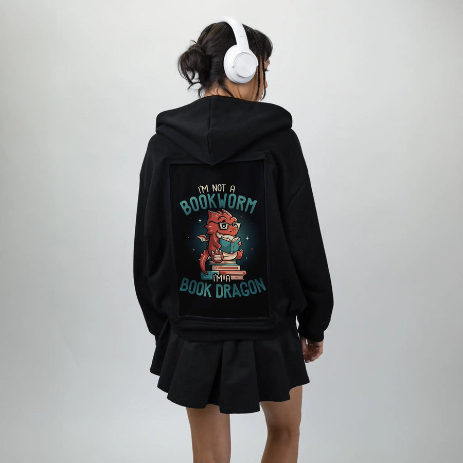 bookwormdragon patch on female essential zip hoodie in after hours