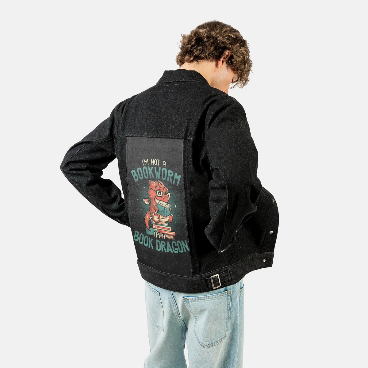 bookwormdragon patch on male og denim jacket in raven