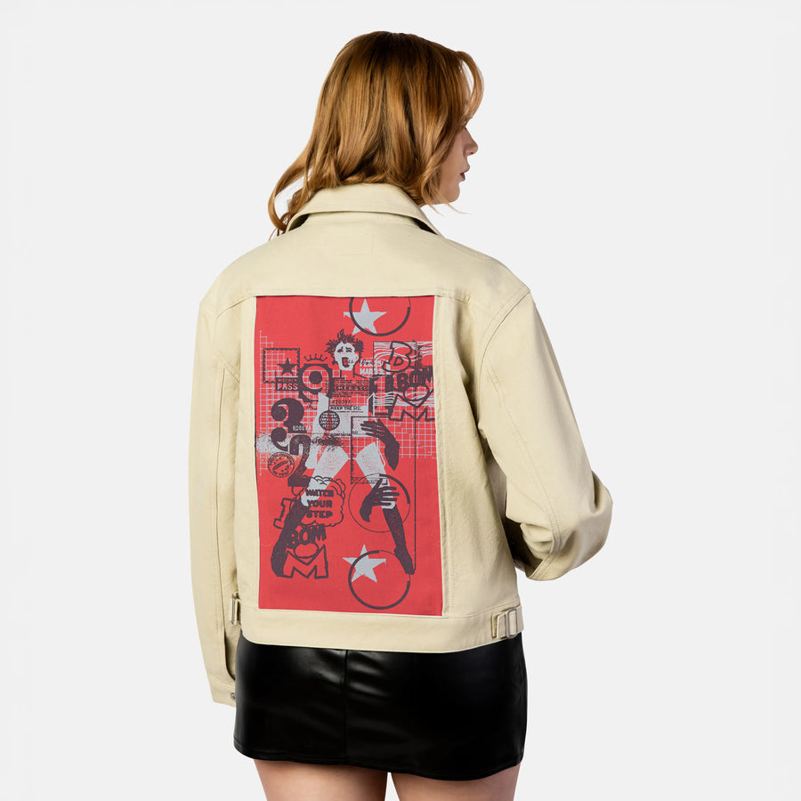 boom patch on female atelier canvas jacket in tan