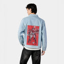 boom patch on male og denim jacket in oceanside