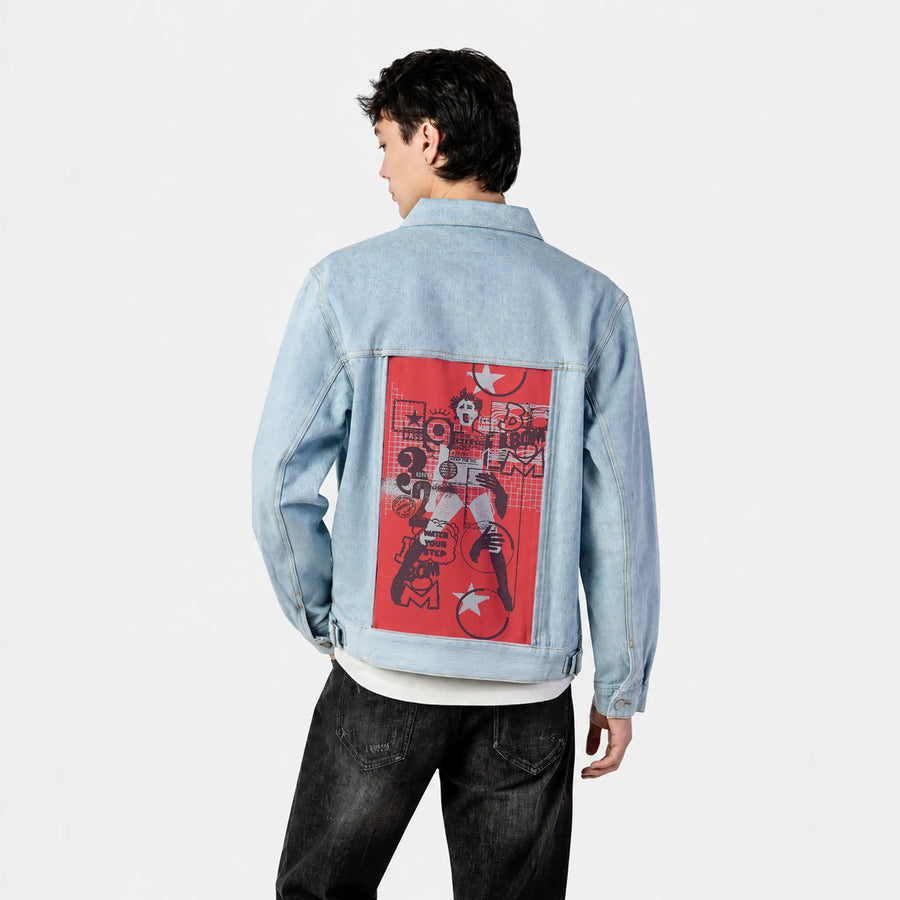 boom patch on male og denim jacket in oceanside