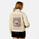borntoexplore patch on female atelier canvas jacket in tan