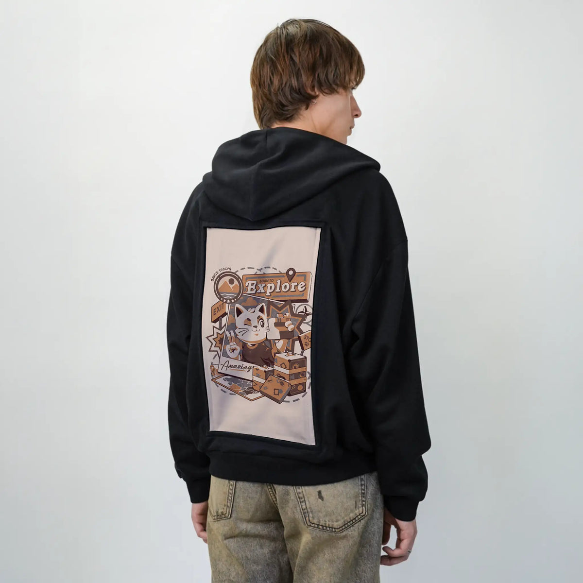 borntoexplore patch on male essential zip hoodie in after hours