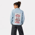 borntoread patch on female og denim jacket in oceanside