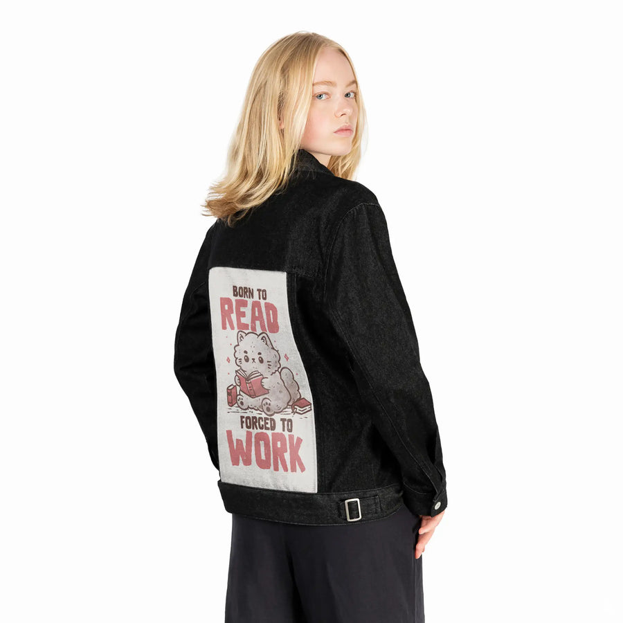 borntoread patch on female og denim jacket in raven