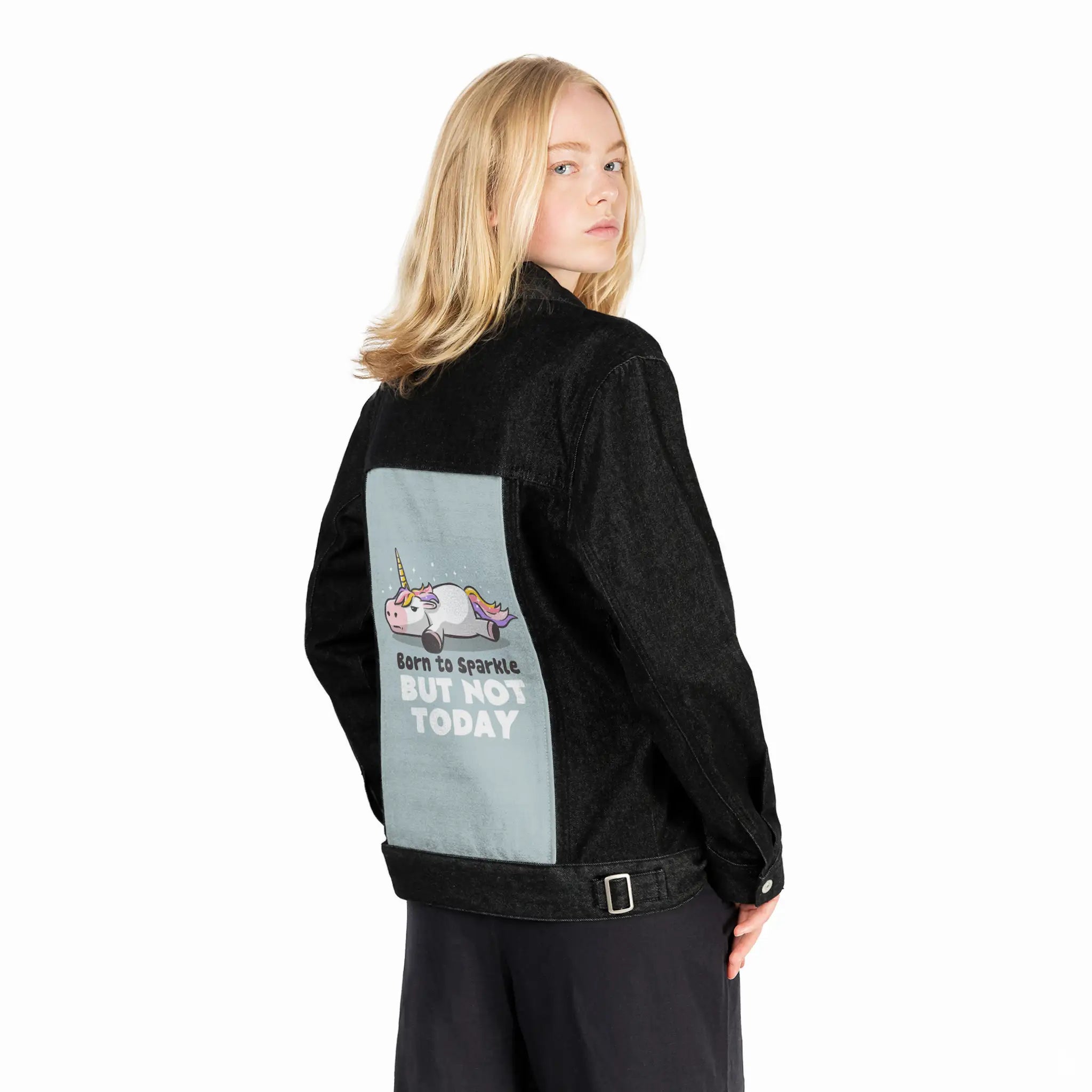 borntosparkle patch on female og denim jacket in raven