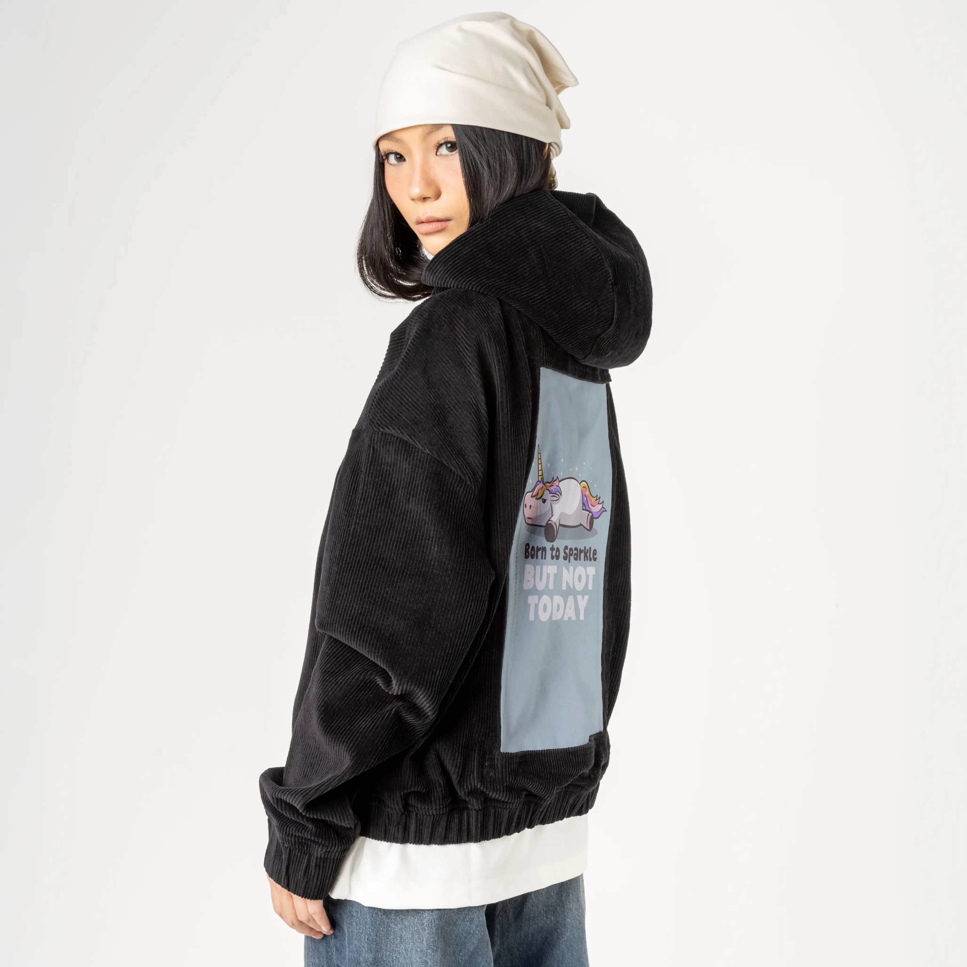 borntosparkle patch on female retro cord hoodie in onyx