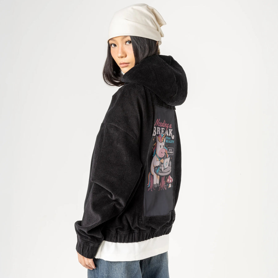 breakfromreality patch on female retro cord hoodie in onyx