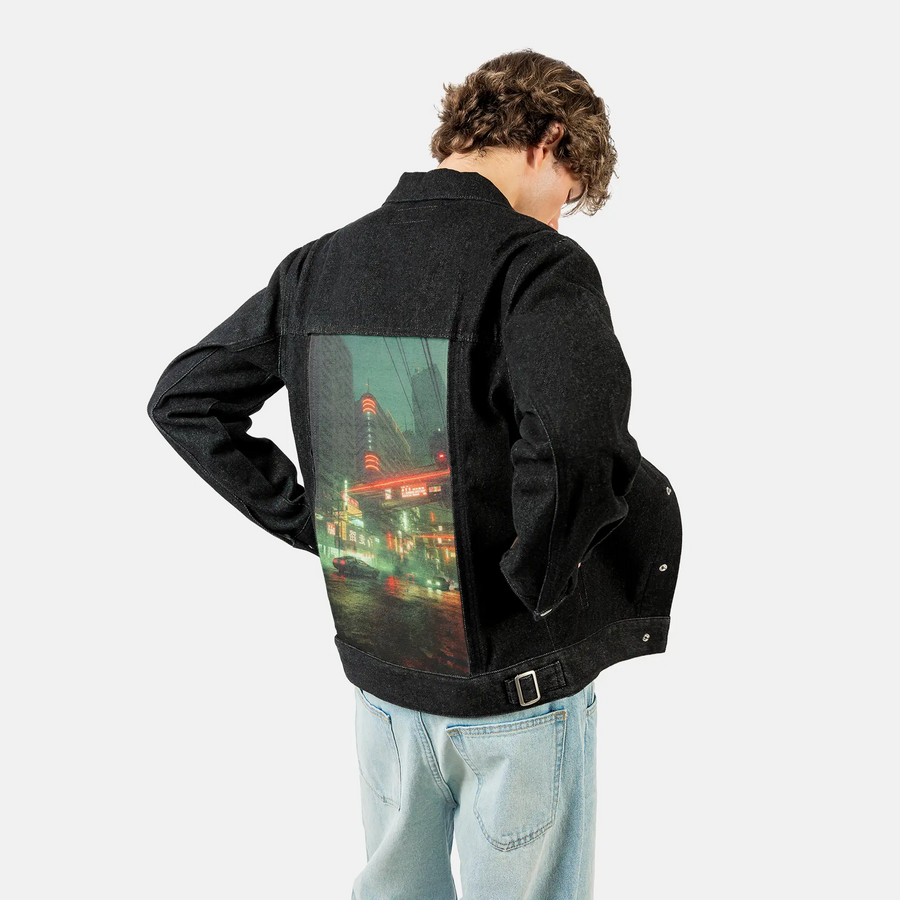 breathe patch on male og denim jacket in raven