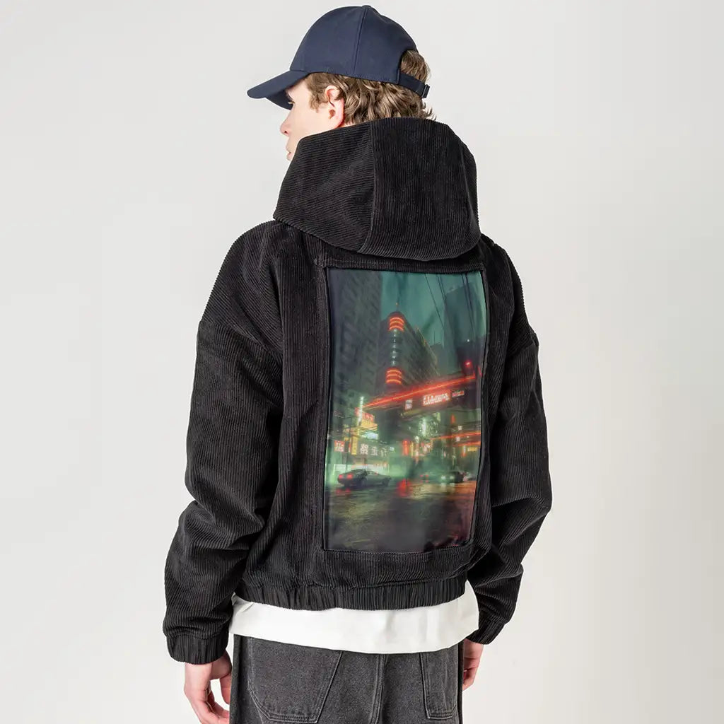breathe patch on male retro cord hoodie in onyx