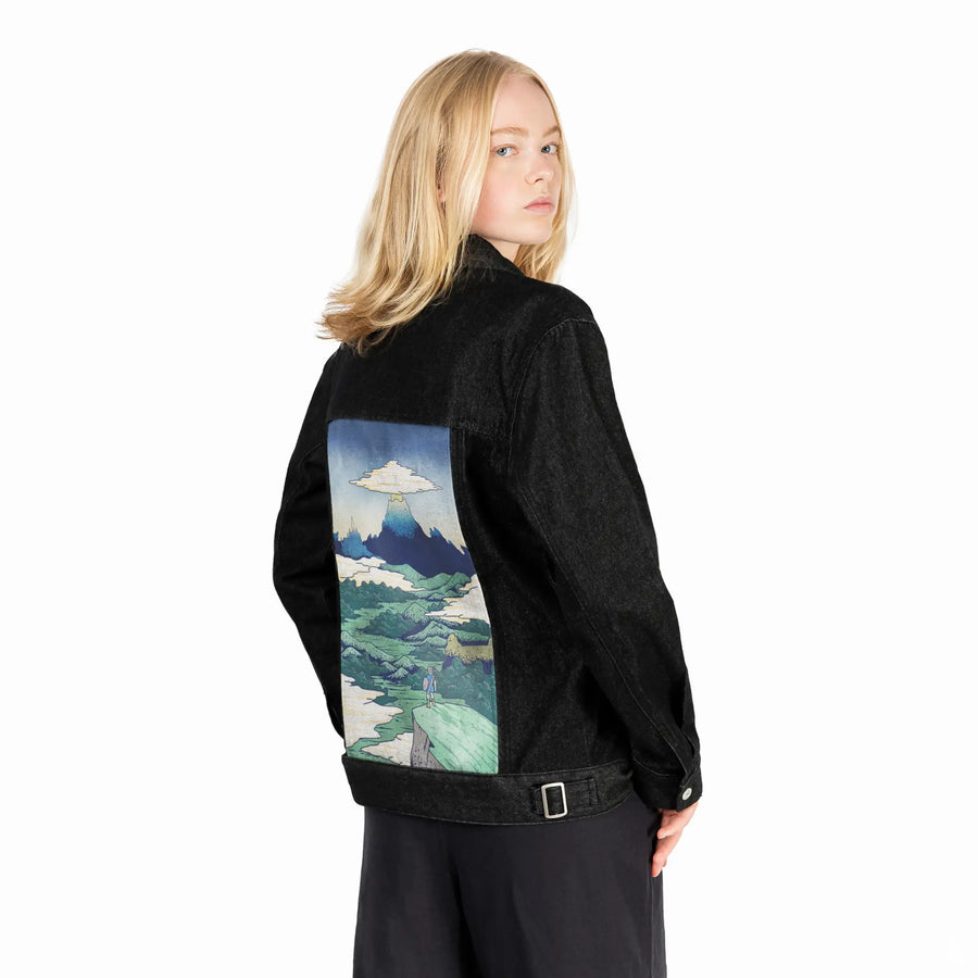 breathofukiyoe patch on female og denim jacket in raven