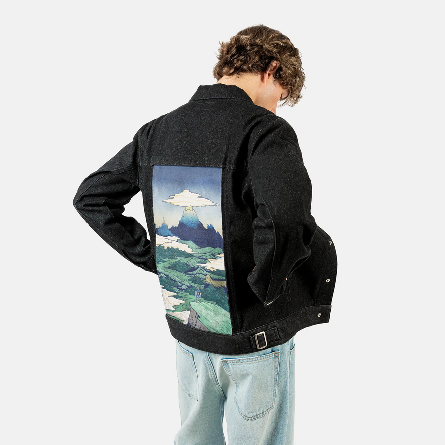 breathofukiyoe patch on male og denim jacket in raven