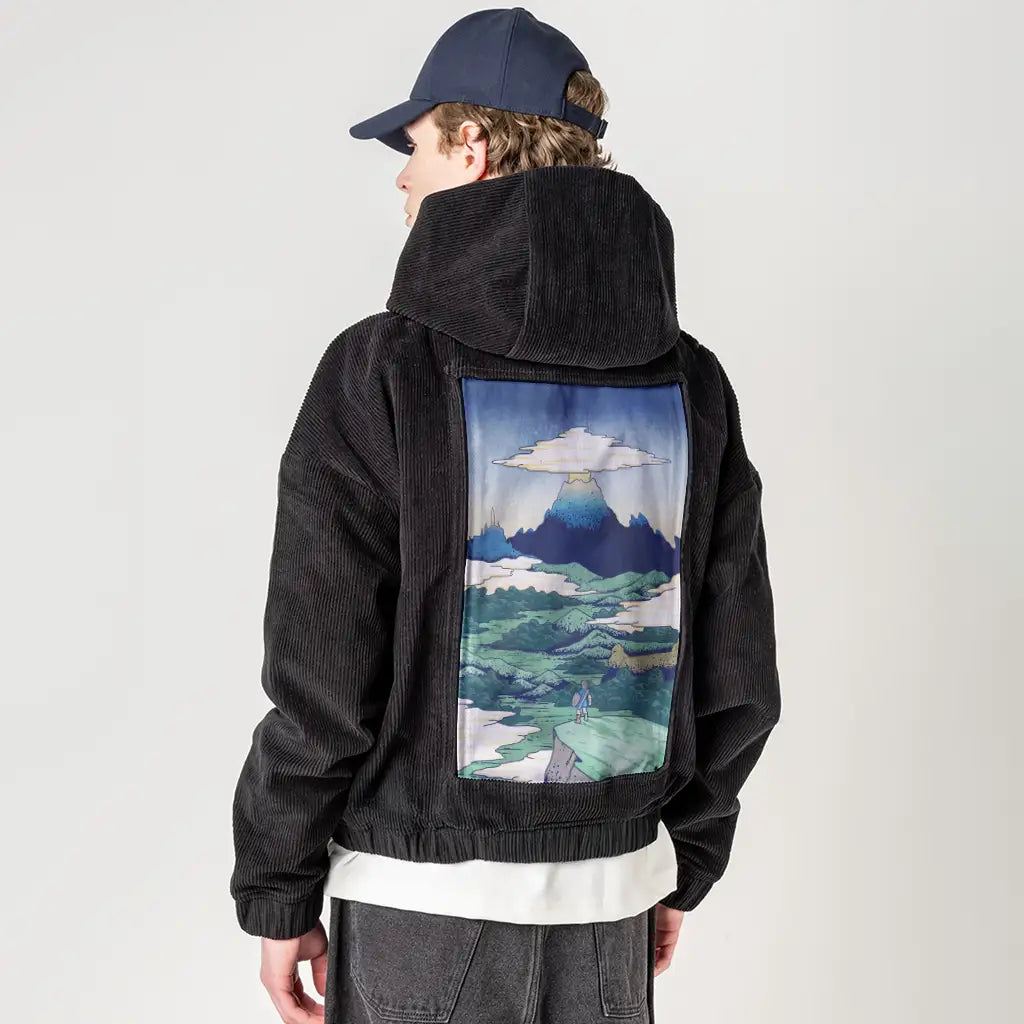breathofukiyoe patch on male retro cord hoodie in onyx