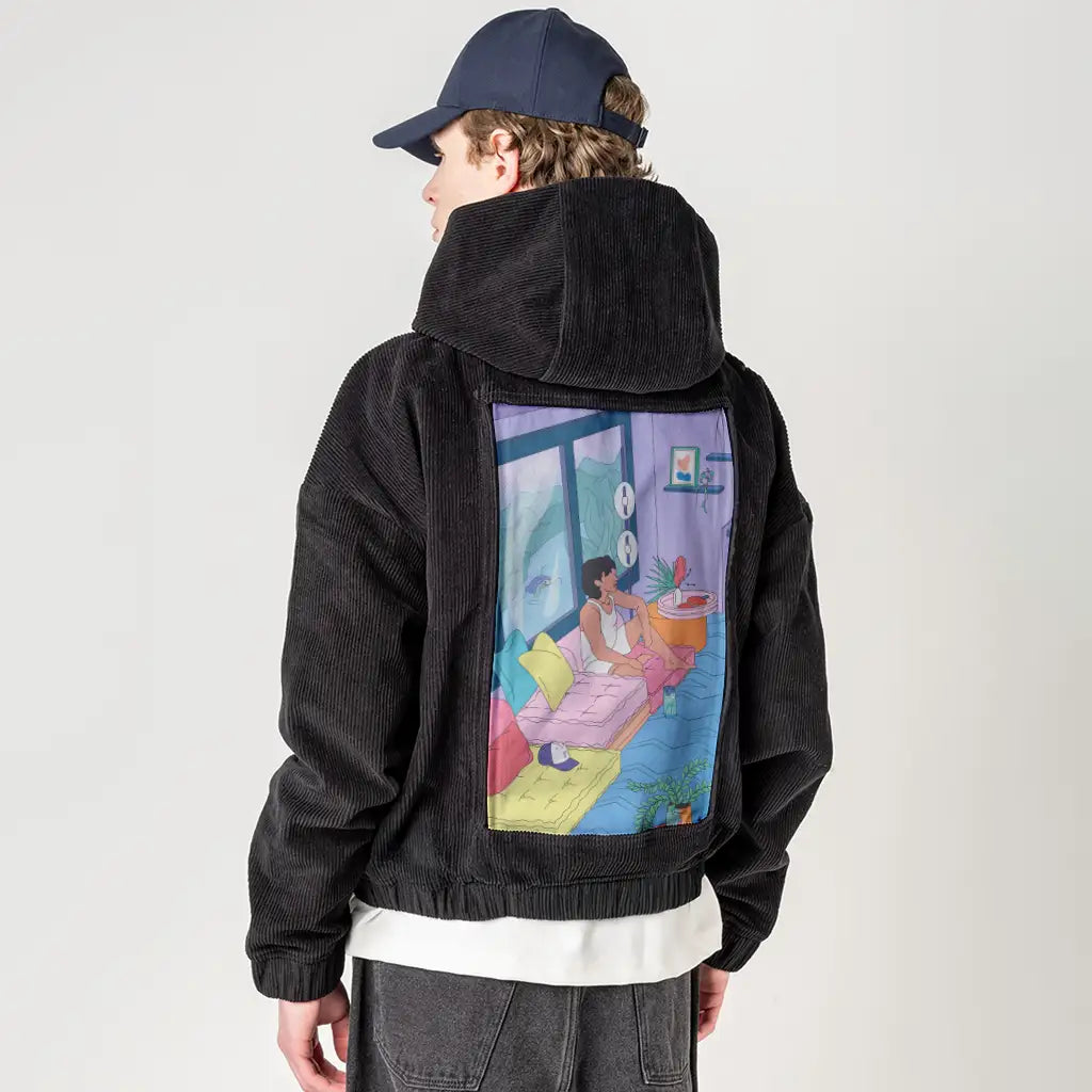 bretmanrock patch on male retro cord hoodie in onyx