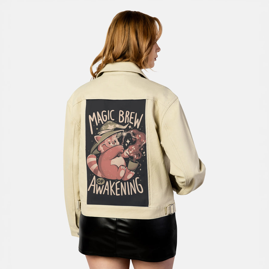 brewofawakening patch on female atelier canvas jacket in tan