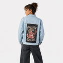 brewofawakening patch on female og denim jacket in oceanside