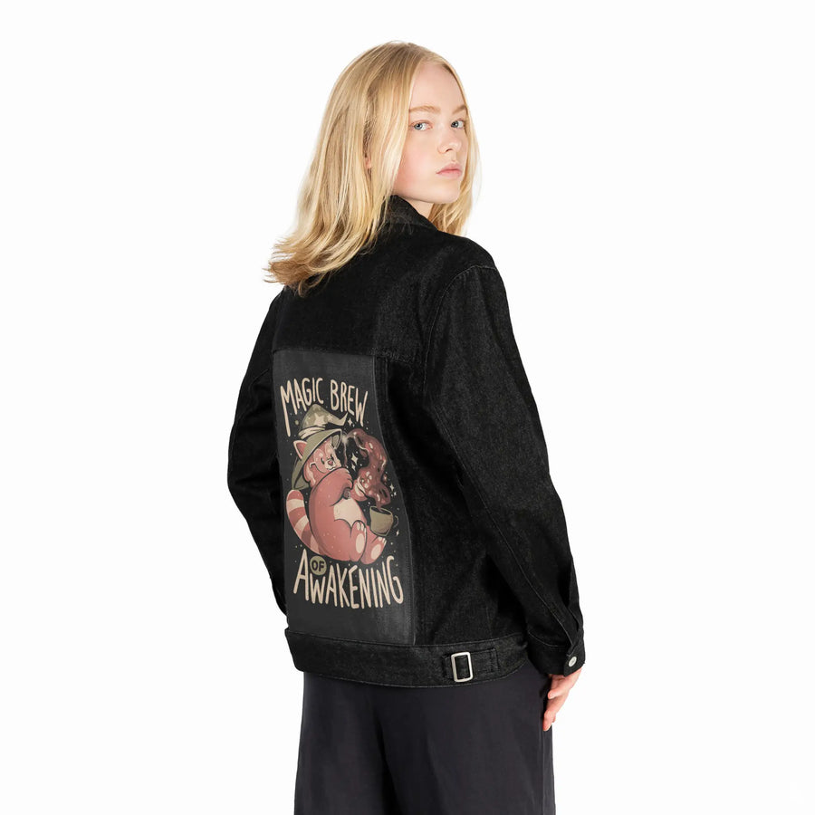 brewofawakening patch on female og denim jacket in raven