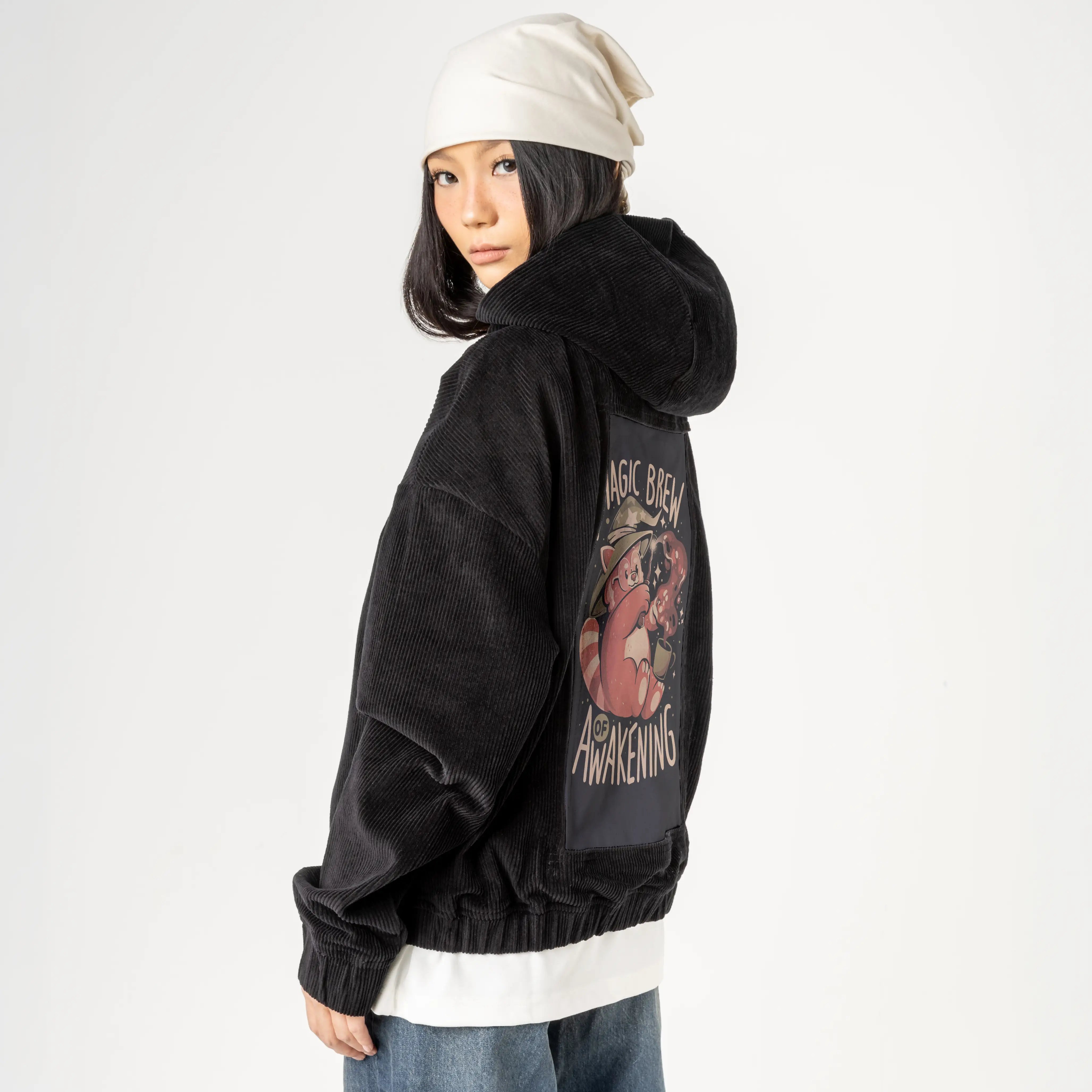 brewofawakening patch on female retro cord hoodie in onyx
