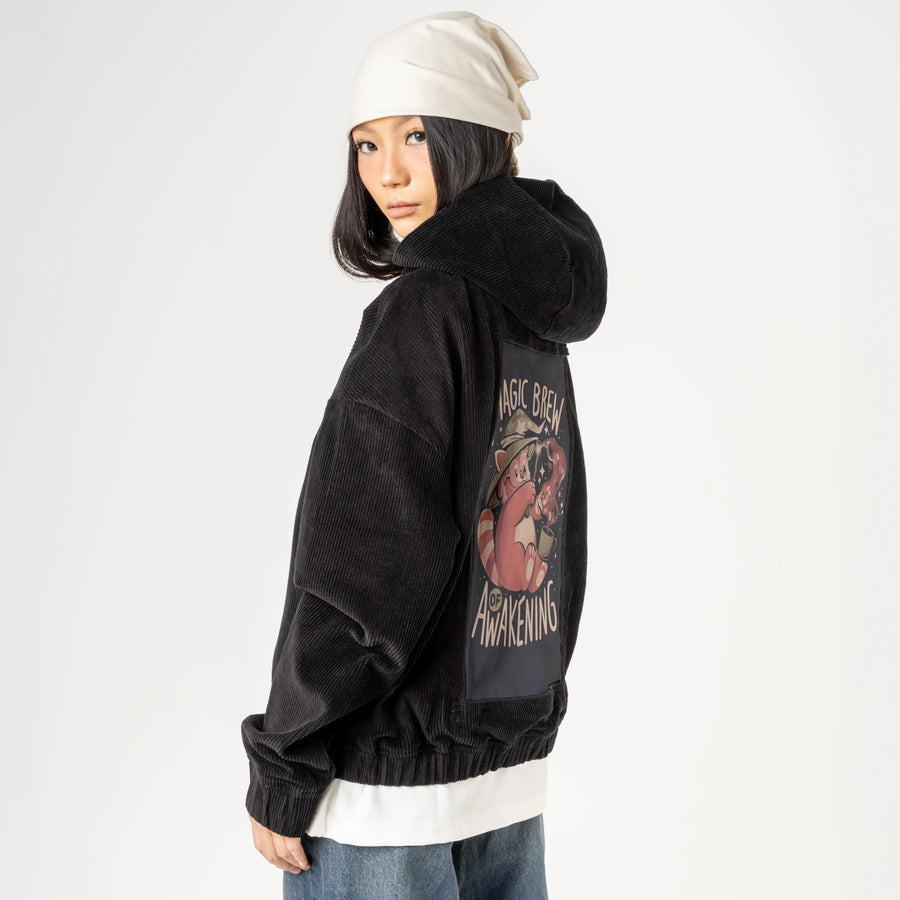 brewofawakening patch on female retro cord hoodie in onyx