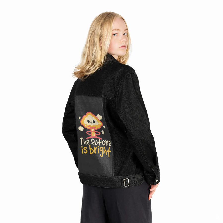 brightfuture patch on female og denim jacket in raven