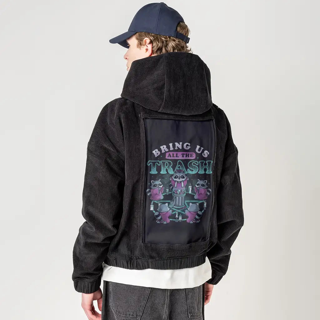 bringusallthetrash patch on male retro cord hoodie in onyx